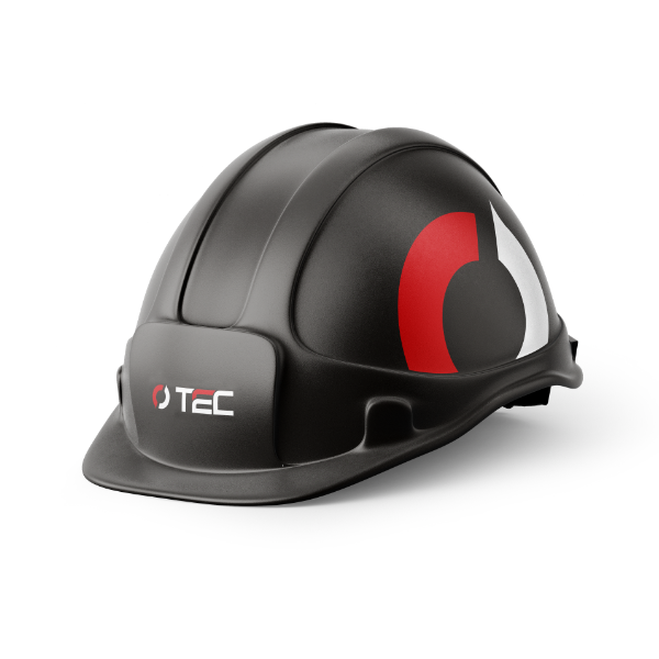 A black hard hat with red and white logo.