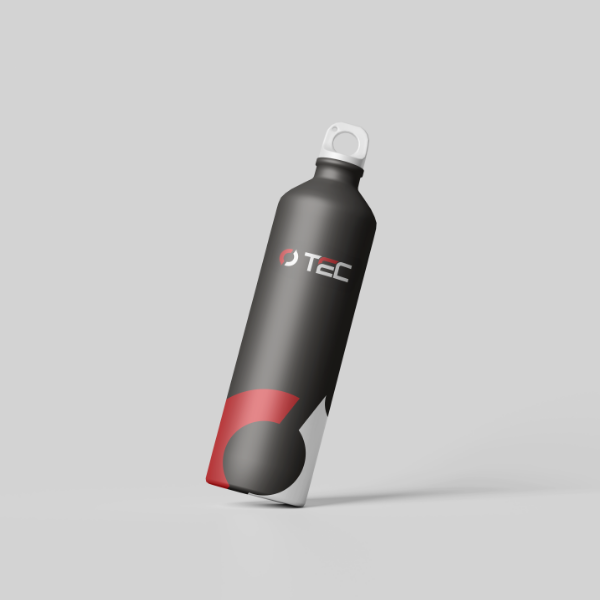 A black and red water bottle on a gray background.